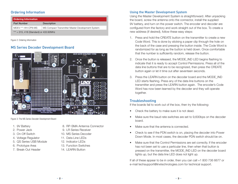 Ordering information, Ms series decoder development board, Using the master development system | Troubleshooting | Linx Technologies MDEV-xxx-HH-CP8-MS User Manual | Page 4 / 11