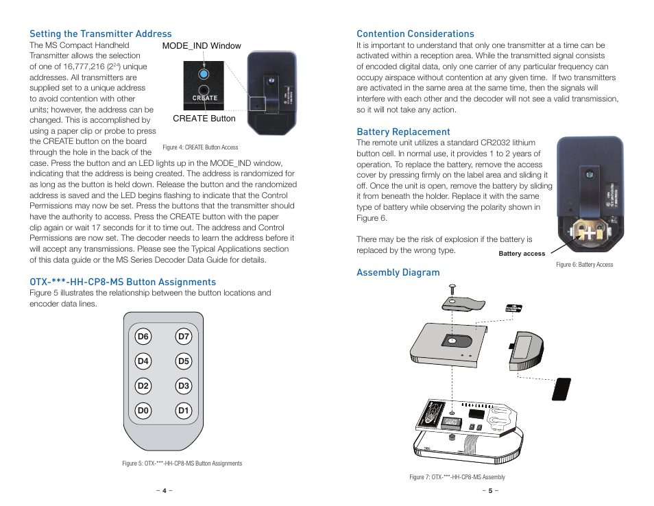 Setting the transmitter address, Otx-***-hh-cp8-ms button assignments, Contention considerations | Battery replacement, Assembly diagram | Linx Technologies MDEV-xxx-HH-CP8-MS User Manual | Page 5 / 11