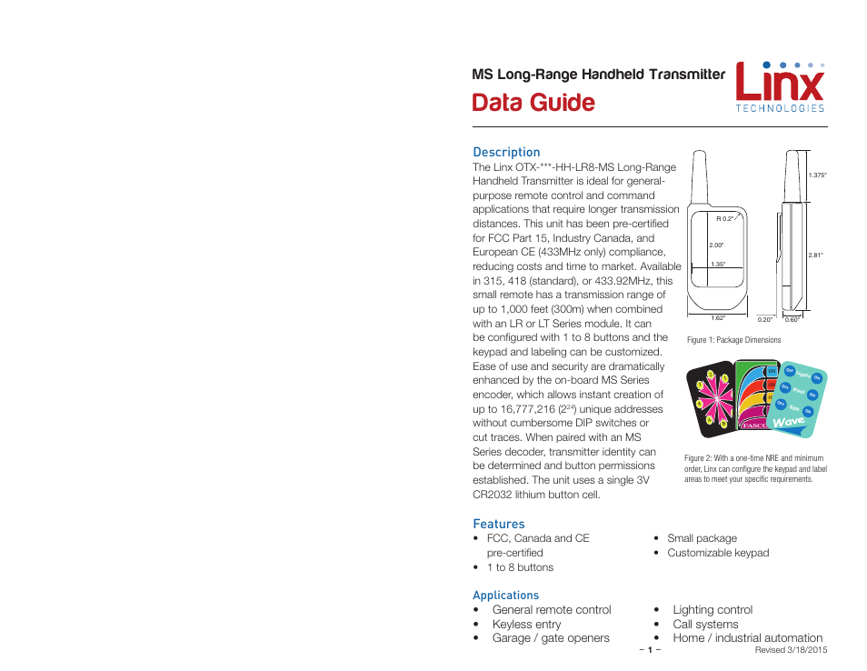 Description, Features, Applications | Data guide, Ms long-range handheld transmitter | Linx Technologies OTX-xxx-HH-LR8-MS User Manual | Page 3 / 9