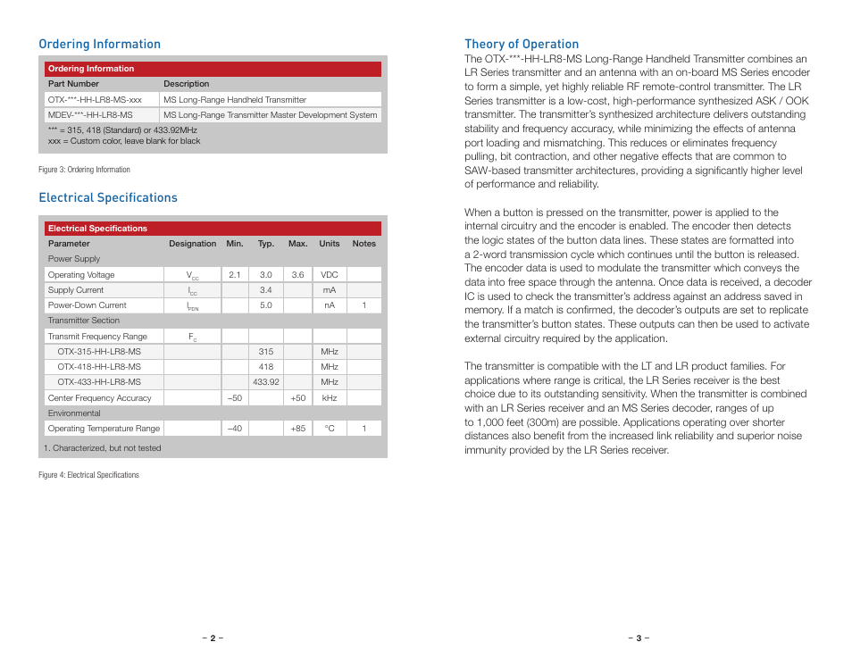 Ordering information, Electrical specifications, Theory of operation | Ordering information theory of operation | Linx Technologies OTX-xxx-HH-LR8-MS User Manual | Page 4 / 9