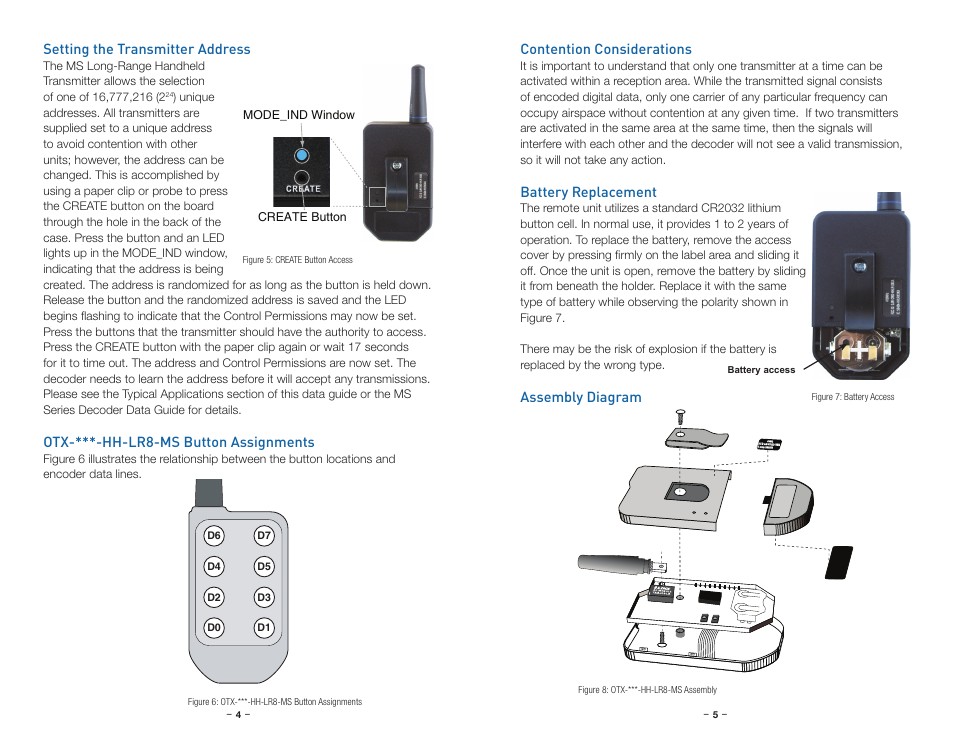 Setting the transmitter address, Otx-***-hh-lr8-ms button assignments, Contention considerations | Battery replacement, Assembly diagram | Linx Technologies OTX-xxx-HH-LR8-MS User Manual | Page 5 / 9