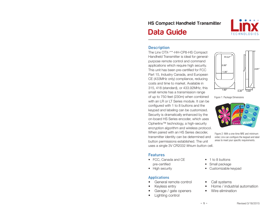 Description, Features, Applications | Data guide, Hs compact handheld transmitter | Linx Technologies OTX-xxx-HH-CP8-HS User Manual | Page 3 / 11