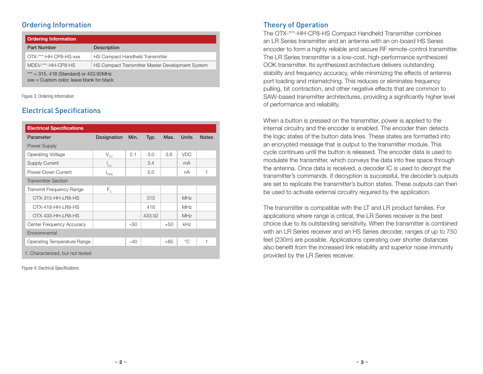 Ordering information, Electrical specifications, Theory of operation | Linx Technologies OTX-xxx-HH-CP8-HS User Manual | Page 4 / 11