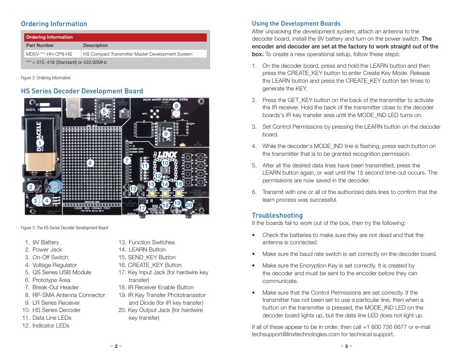 Ordering information, Hs series decode development board, Using the development boards | Troubleshooting | Linx Technologies MDEV-xxx-HH-CP8-HS User Manual | Page 4 / 13