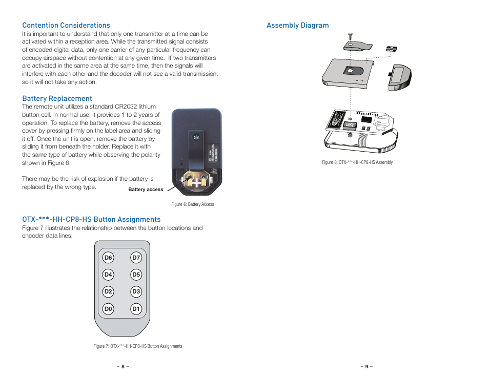 Contention considerations, Battery replacement, Otx-***-hh-cp8-hs button assignments | Assembly diagram | Linx Technologies MDEV-xxx-HH-CP8-HS User Manual | Page 7 / 13