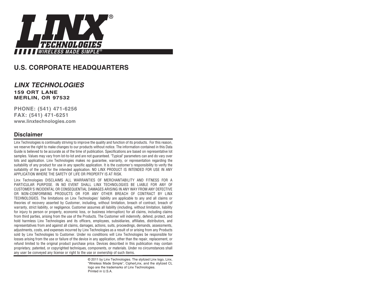 Linx technologies, U.s. corporate headquarters | Linx Technologies FCTN-WALL-xxx User Manual | Page 7 / 7