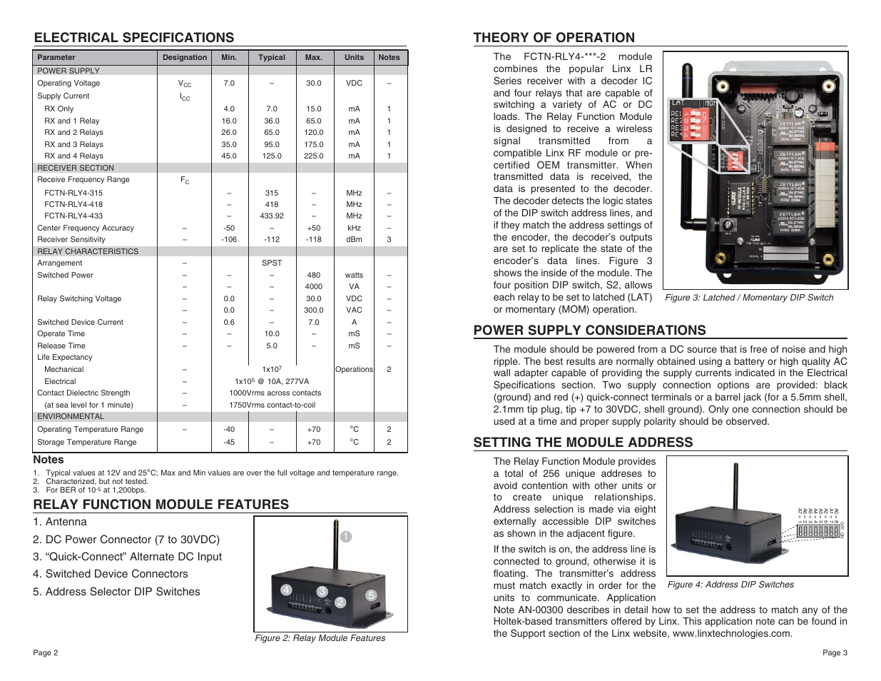 Theory of operation, Power supply considerations, Setting the module address | Linx Technologies FCTN-RLY4-xxx-2 User Manual | Page 2 / 7