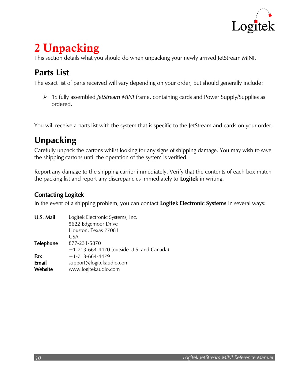 2 unpacking, Parts list, Unpacking | Logitek Electronic Systems JetStream Audio Networking Platform User Manual | Page 10 / 55