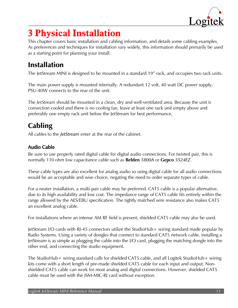 3 physical installation, Installation, Cabling | Logitek Electronic Systems JetStream Audio Networking Platform User Manual | Page 11 / 55