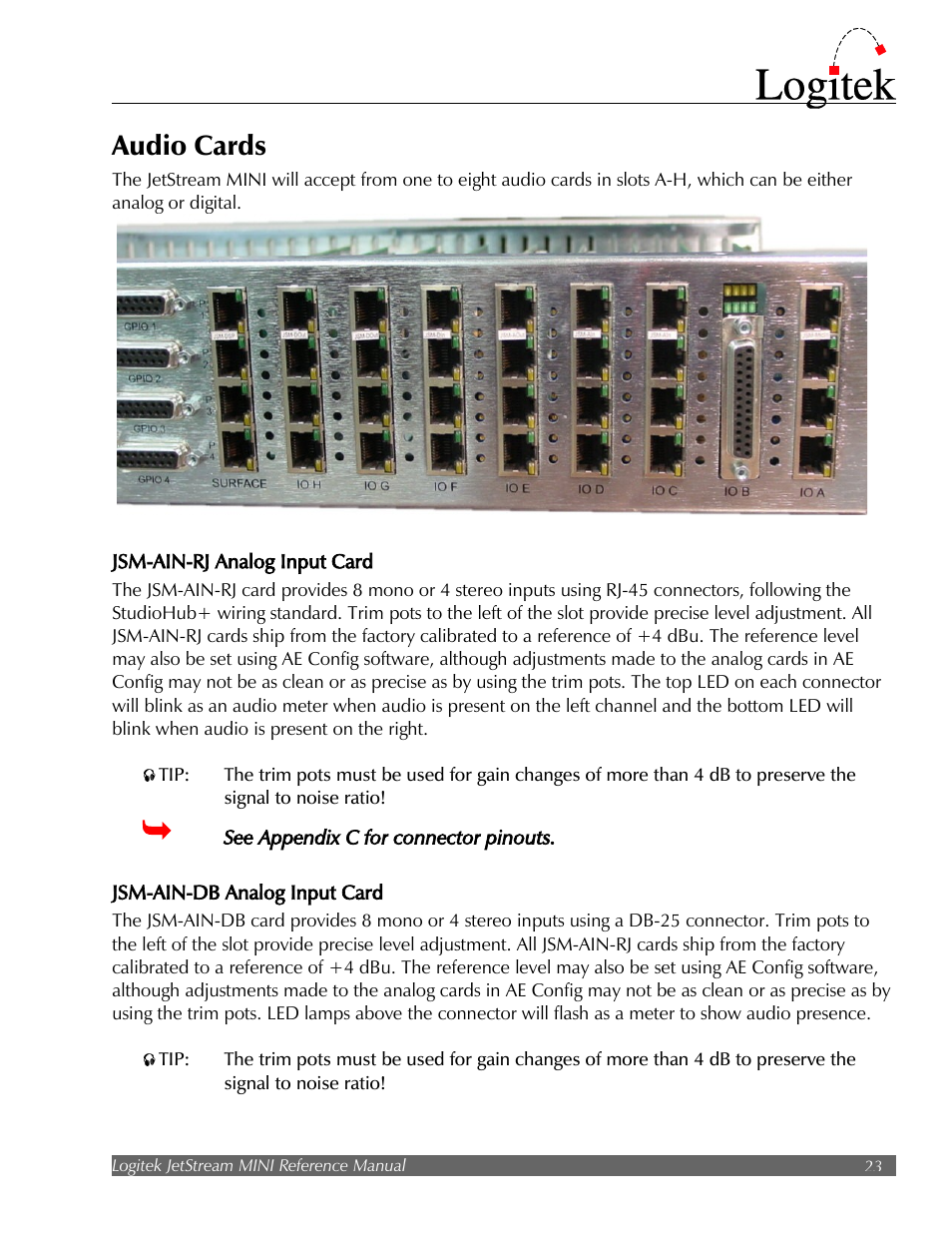 Audio cards | Logitek Electronic Systems JetStream Audio Networking Platform User Manual | Page 23 / 55