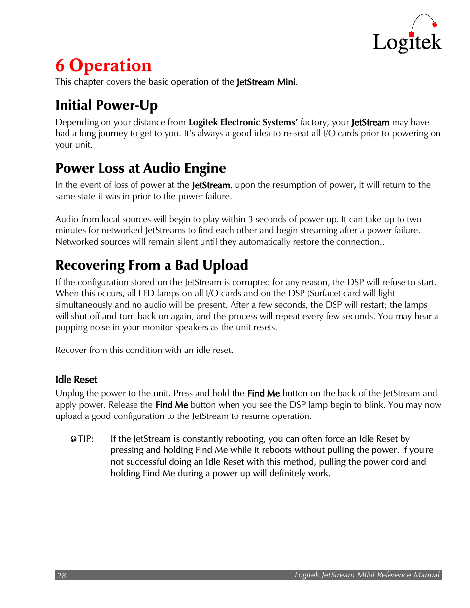 6 operation, Initial power-up, Power loss at audio engine | Recovering from a bad upload | Logitek Electronic Systems JetStream Audio Networking Platform User Manual | Page 28 / 55