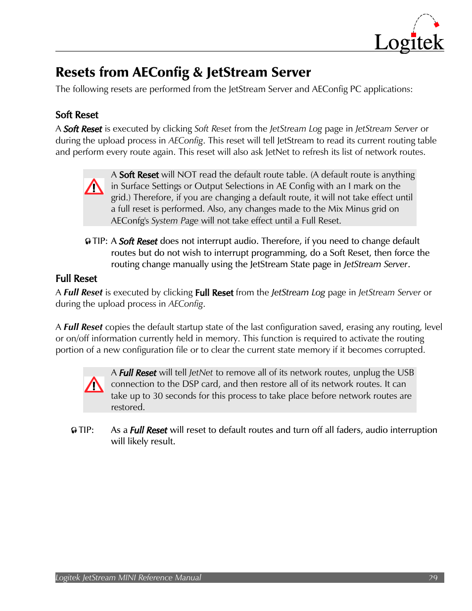 Resets from aeconfig & jetstream server | Logitek Electronic Systems JetStream Audio Networking Platform User Manual | Page 29 / 55