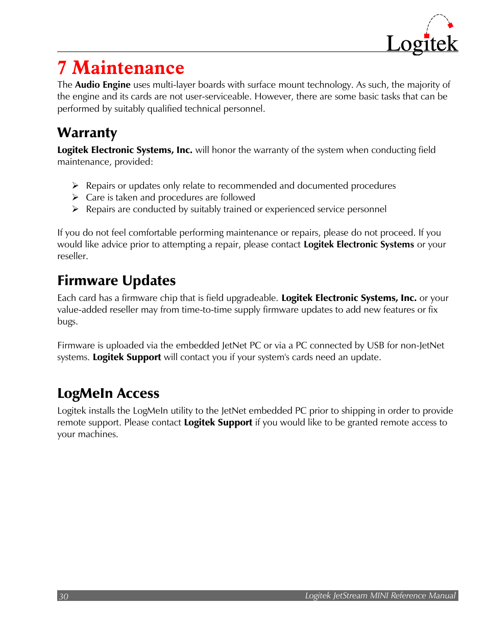 7 maintenance, Warranty, Firmware updates | Logmein access | Logitek Electronic Systems JetStream Audio Networking Platform User Manual | Page 30 / 55