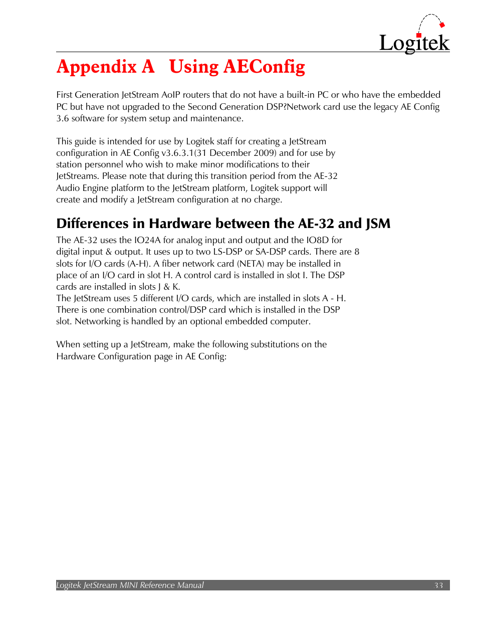 Appendix a using aeconfig, Differences in hardware between the ae-32 and jsm | Logitek Electronic Systems JetStream Audio Networking Platform User Manual | Page 33 / 55