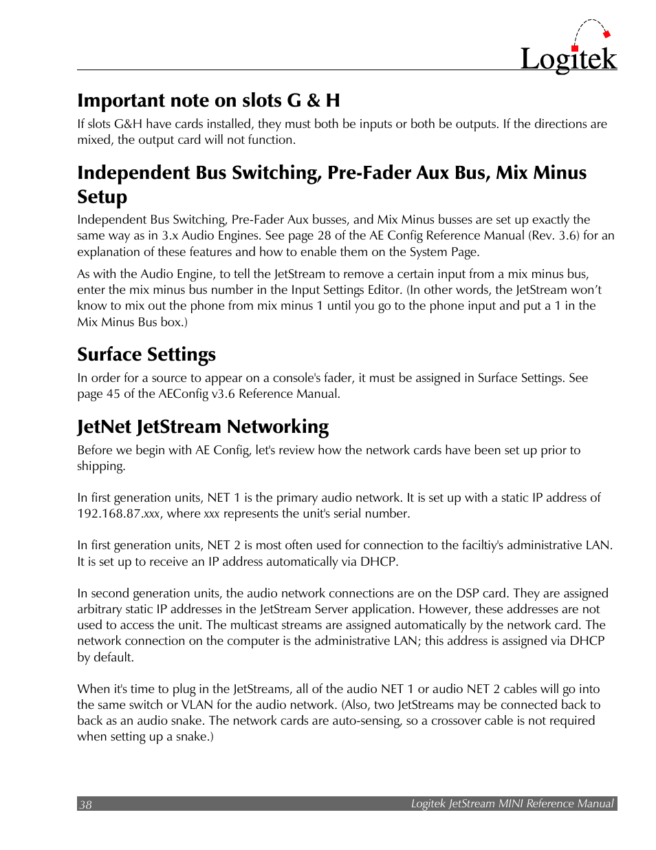 Surface settings, Jetnet jetstream networking | Logitek Electronic Systems JetStream Audio Networking Platform User Manual | Page 38 / 55