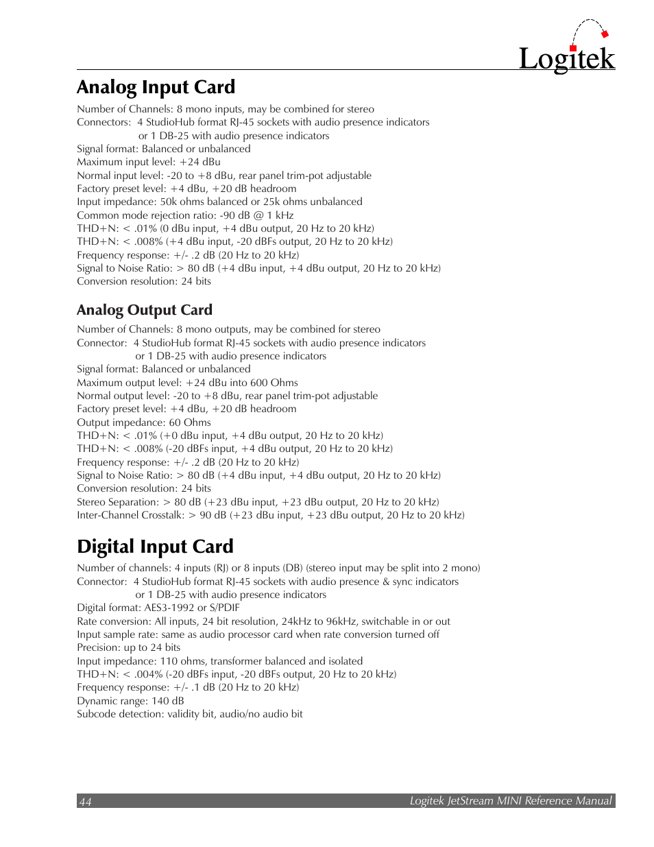 Analog input card, Digital input card | Logitek Electronic Systems JetStream Audio Networking Platform User Manual | Page 44 / 55