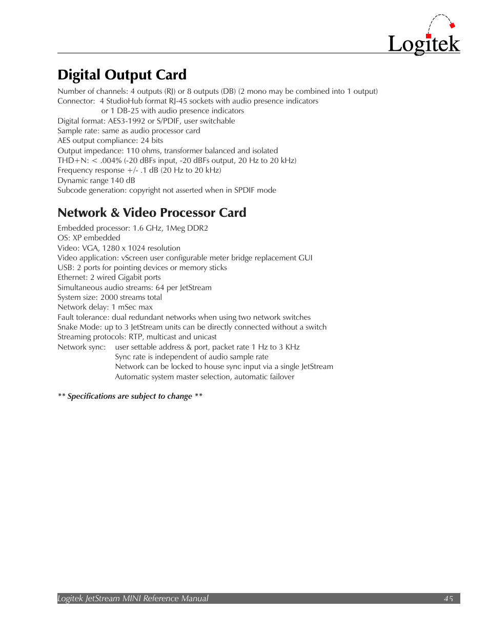 Digital output card, Network & video processor card | Logitek Electronic Systems JetStream Audio Networking Platform User Manual | Page 45 / 55