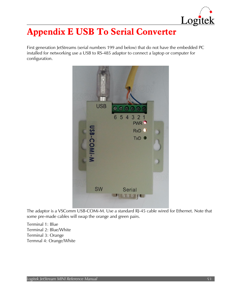Appendix e usb to serial converter | Logitek Electronic Systems JetStream Audio Networking Platform User Manual | Page 53 / 55