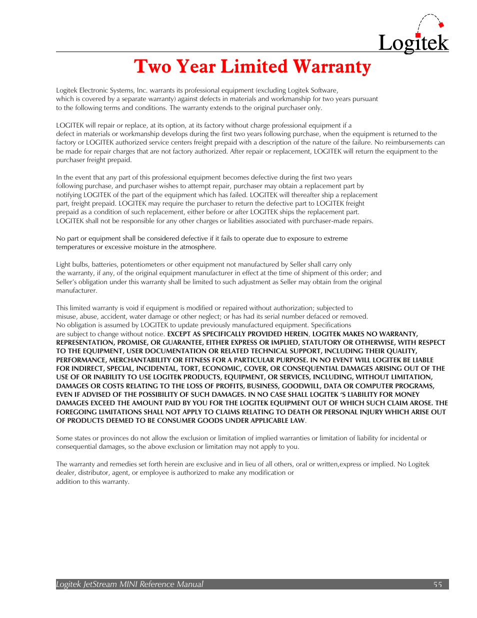 Two year limited warranty | Logitek Electronic Systems JetStream Audio Networking Platform User Manual | Page 55 / 55