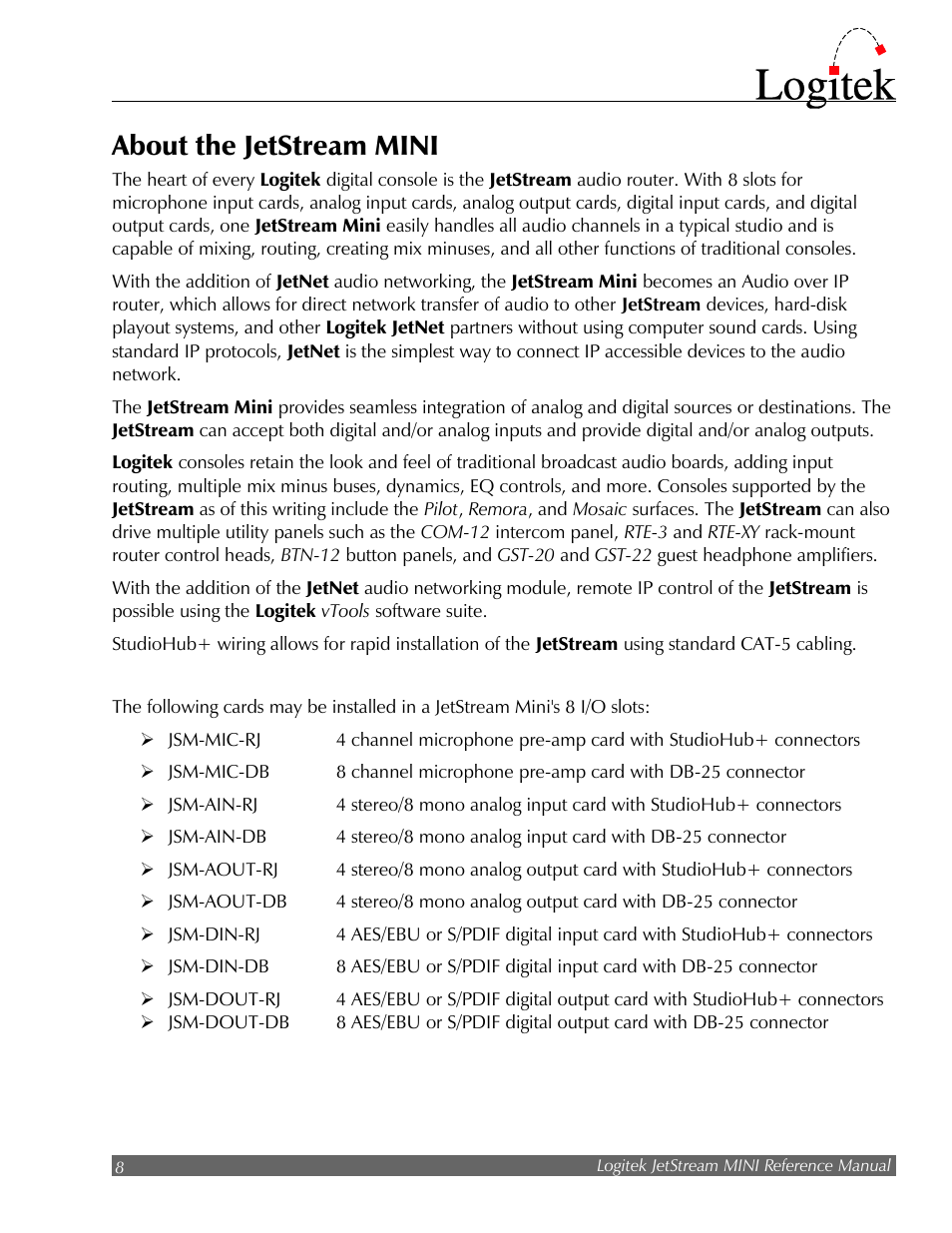 About the jetstream mini | Logitek Electronic Systems JetStream Audio Networking Platform User Manual | Page 8 / 55