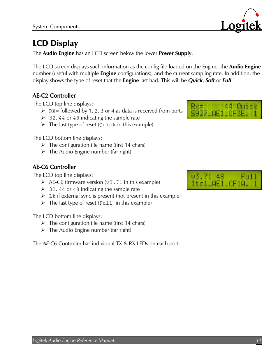 Lcd display, Ae-c2 controller, Ae-c6 controller | Logitek Electronic Systems AE-32 Audio Engine User Manual | Page 13 / 46