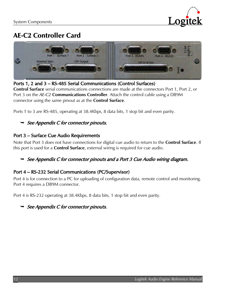 Ae-c2 controller card, Port 3 – surface cue audio requirements | Logitek Electronic Systems AE-32 Audio Engine User Manual | Page 14 / 46