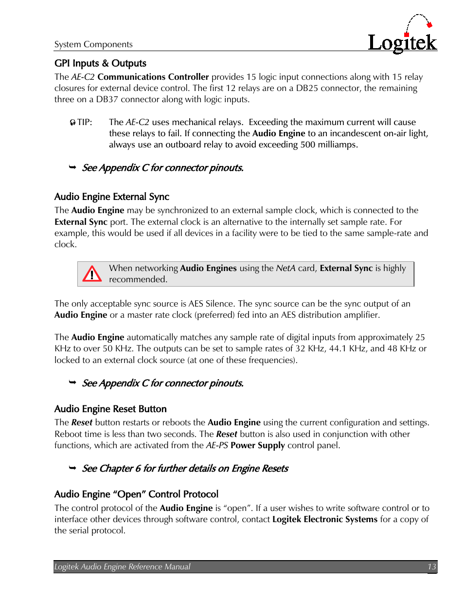 Gpi inputs & outputs, Audio engine external sync, Audio engine reset button | Audio engine “open” control protocol | Logitek Electronic Systems AE-32 Audio Engine User Manual | Page 15 / 46