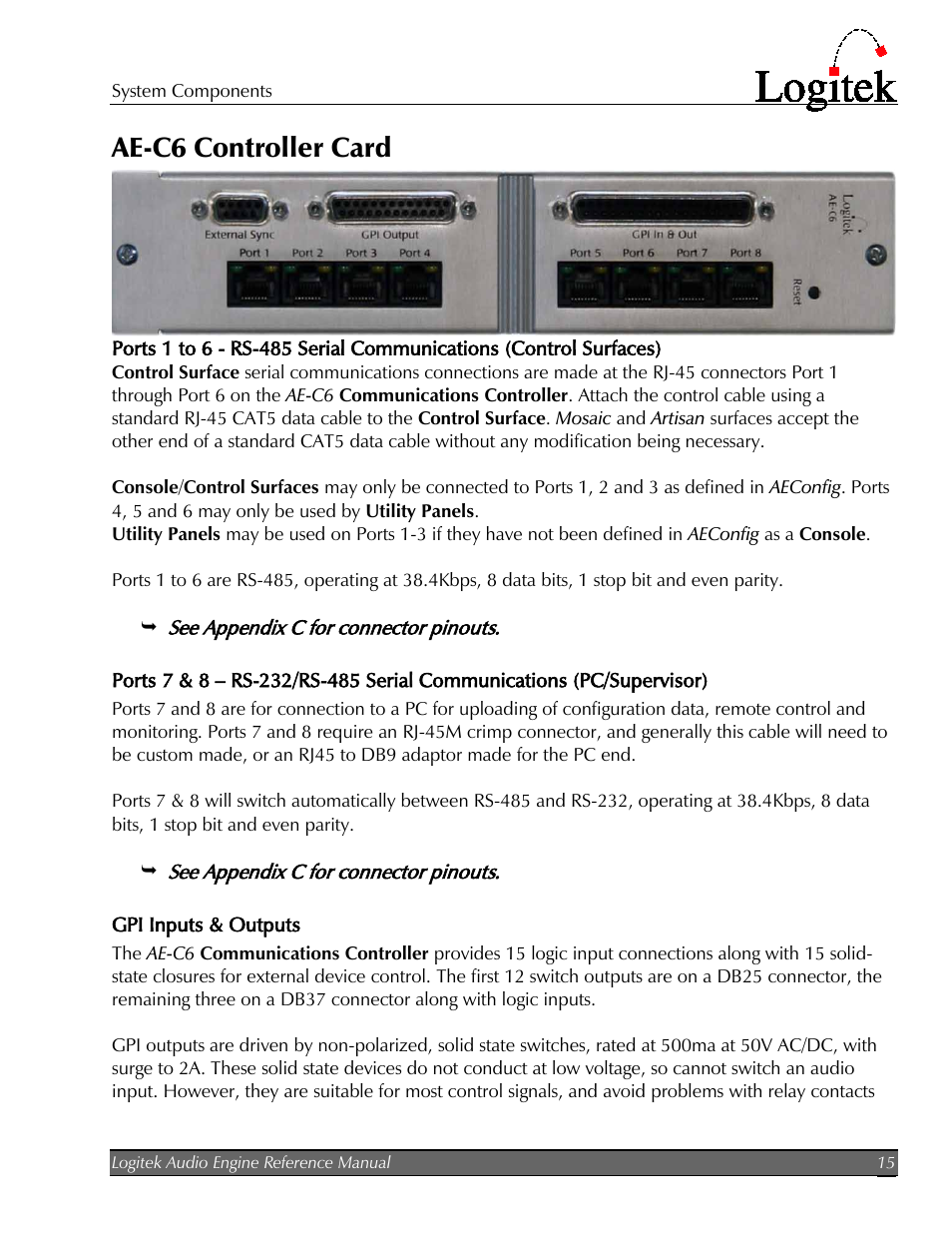 Ae-c6 controller card, Gpi inputs & outputs | Logitek Electronic Systems AE-32 Audio Engine User Manual | Page 17 / 46
