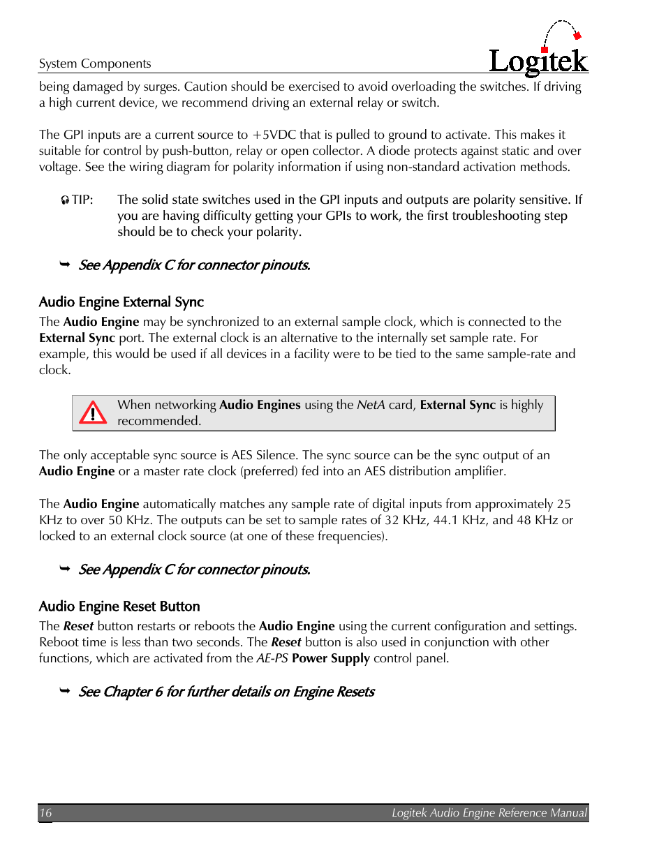 Audio engine external sync, Audio engine reset button | Logitek Electronic Systems AE-32 Audio Engine User Manual | Page 18 / 46