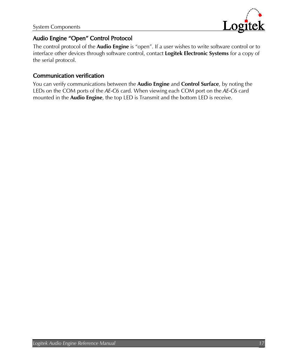 Audio engine “open” control protocol, Communication verification | Logitek Electronic Systems AE-32 Audio Engine User Manual | Page 19 / 46