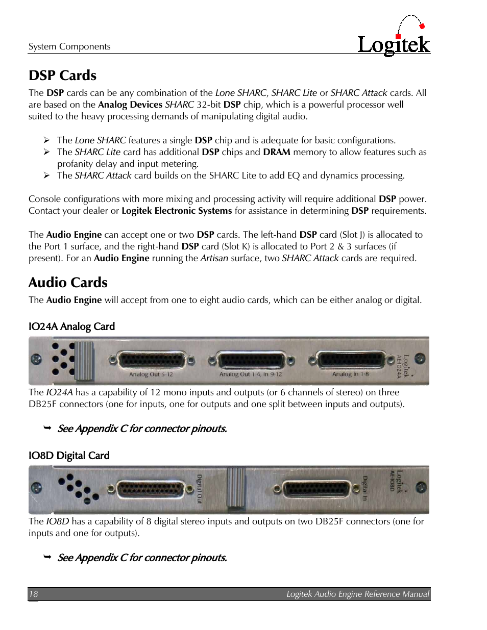 Dsp cards, Audio cards, Io24a analog card | Io8d digital card | Logitek Electronic Systems AE-32 Audio Engine User Manual | Page 20 / 46