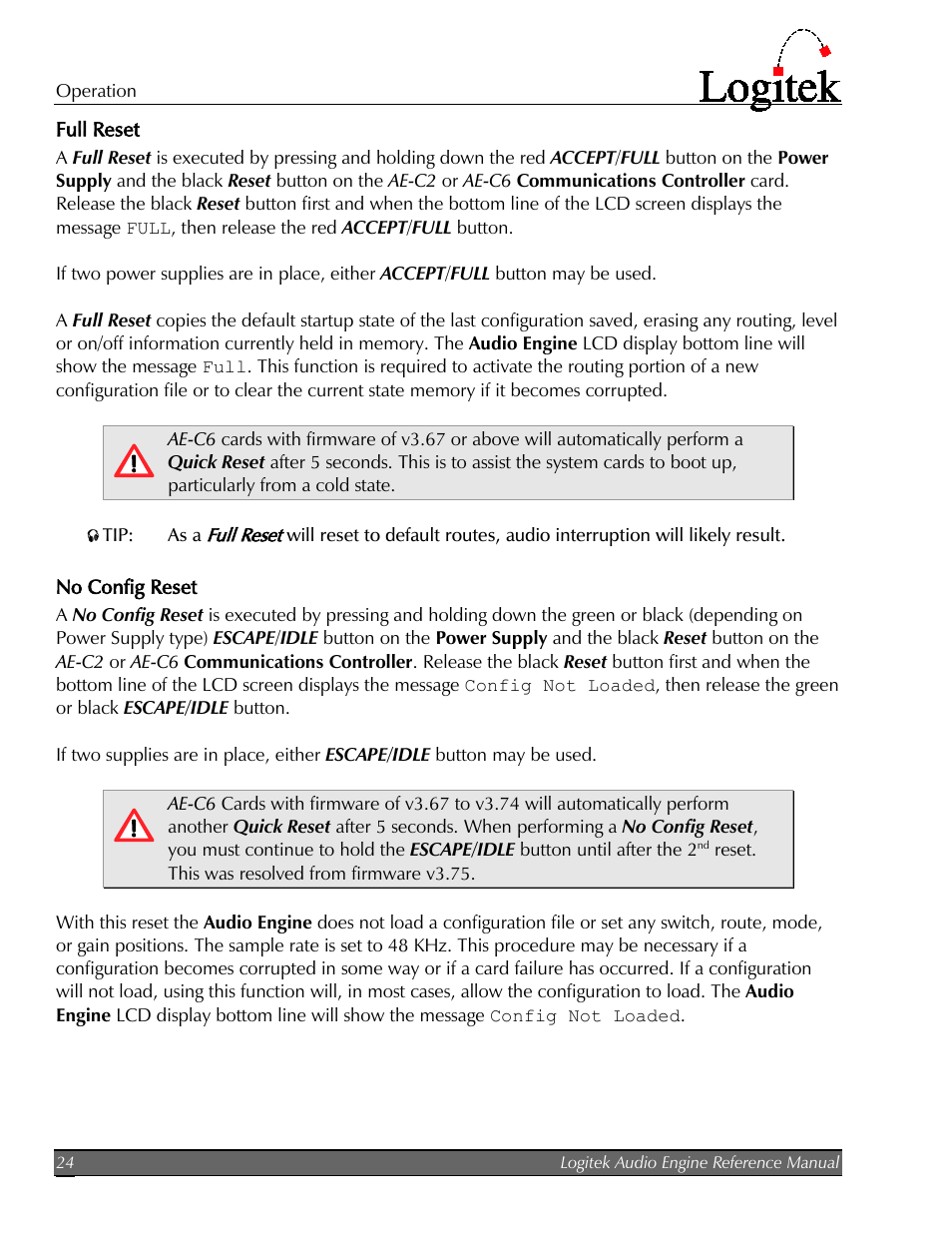 Full reset, No config reset | Logitek Electronic Systems AE-32 Audio Engine User Manual | Page 26 / 46