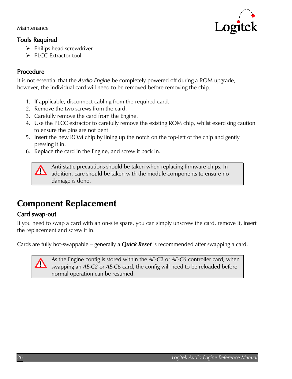 Tools required, Procedure, Component replacement | Card swap-out | Logitek Electronic Systems AE-32 Audio Engine User Manual | Page 28 / 46