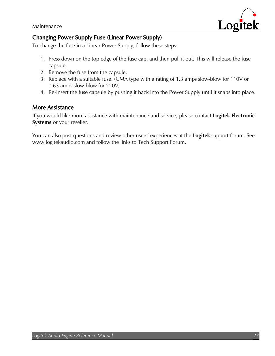 Changing power supply fuse (linear power supply), More assistance | Logitek Electronic Systems AE-32 Audio Engine User Manual | Page 29 / 46