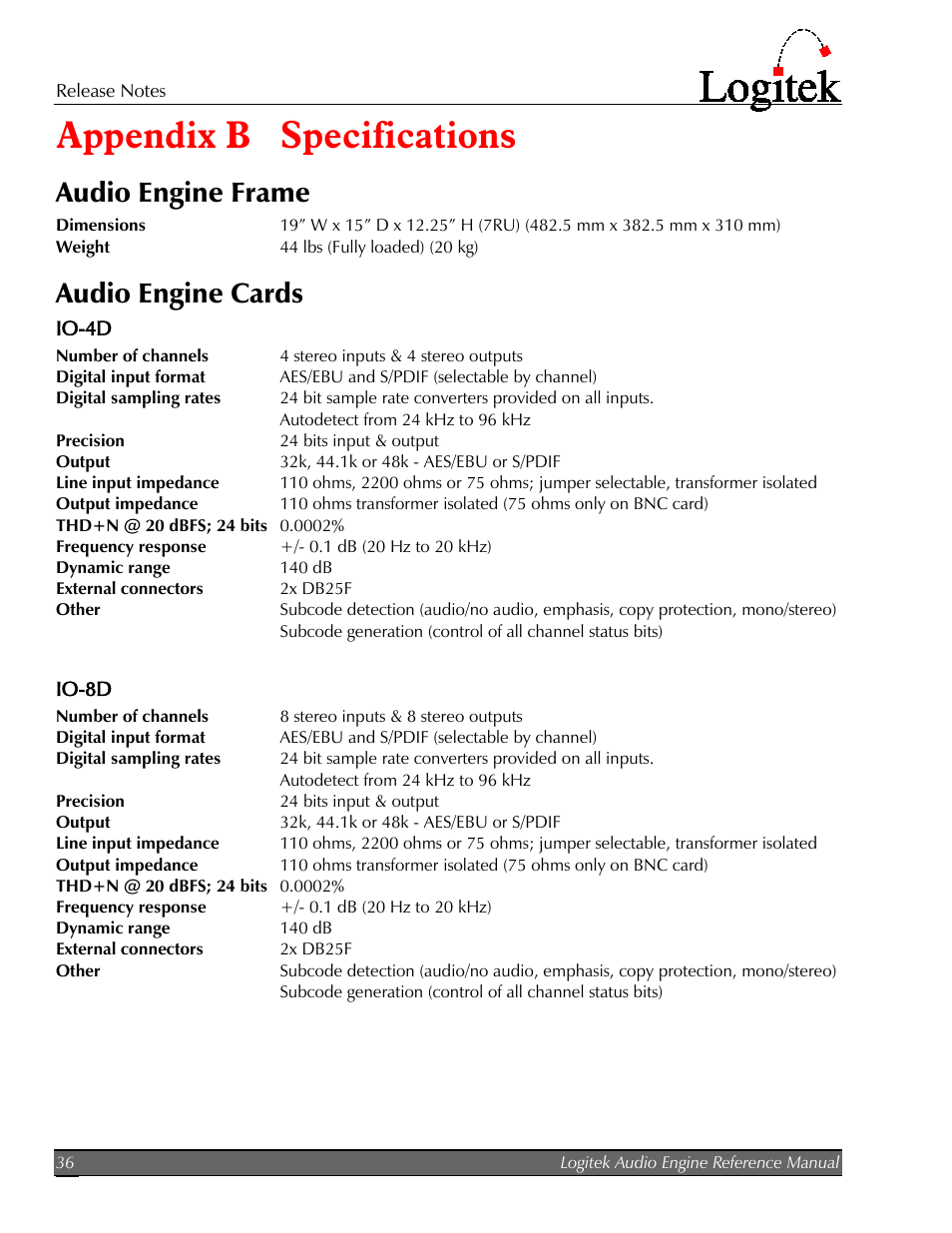 Audio engine frame, Audio engine cards, Io-4d | Io-8d, Appendix b, Specifications, Appendix b specifications | Logitek Electronic Systems AE-32 Audio Engine User Manual | Page 38 / 46
