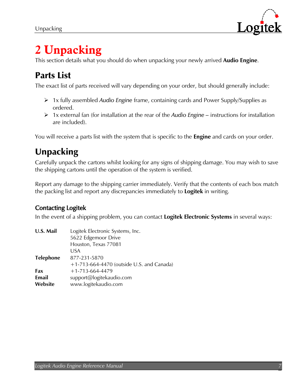 2 unpacking, Parts list, Unpacking | Contacting logitek, 2unpacking | Logitek Electronic Systems AE-32 Audio Engine User Manual | Page 9 / 46