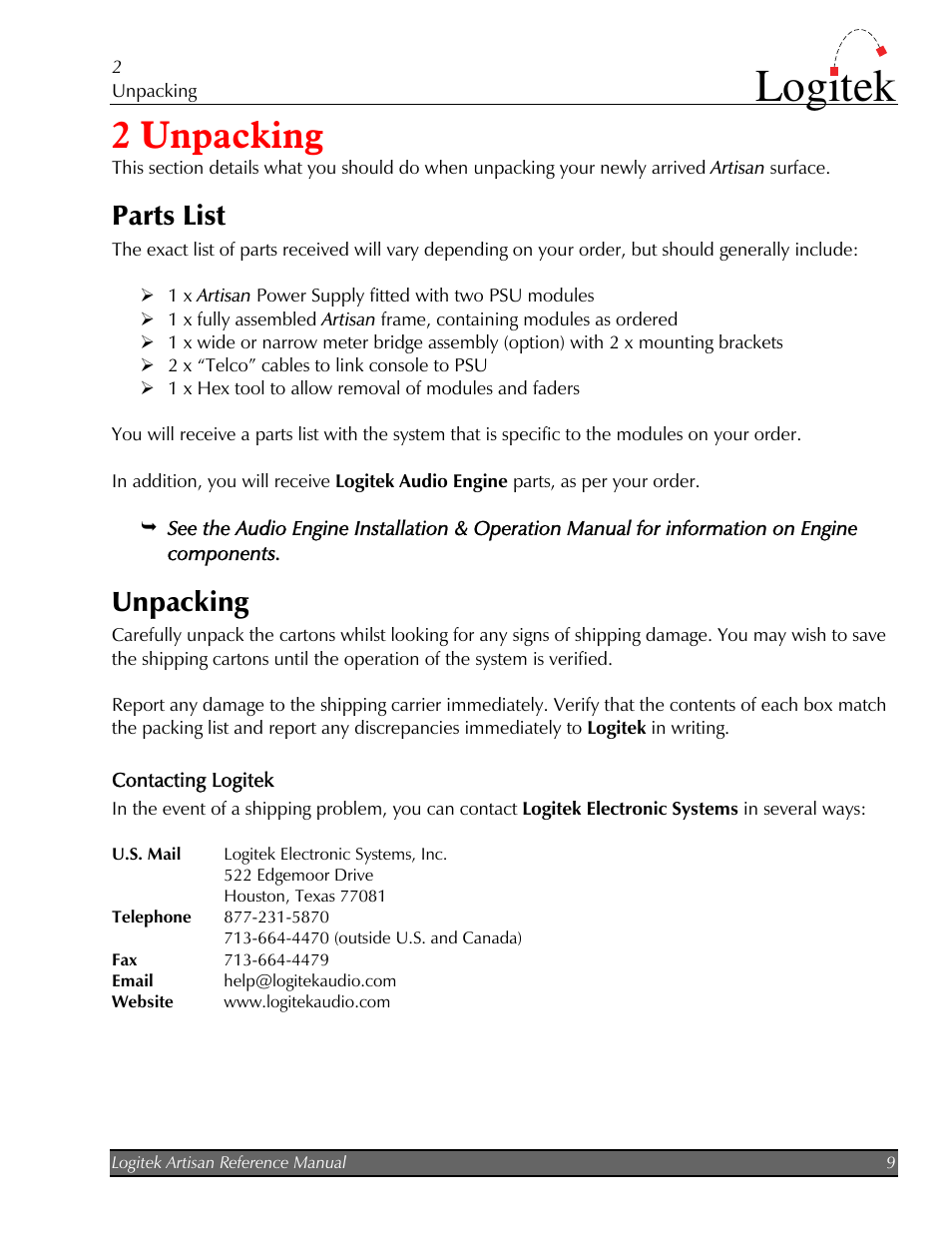 Unpacking, Parts list, Contacting logitek | 2 unpacking, Logitek | Logitek Electronic Systems Artisan User Manual | Page 11 / 64