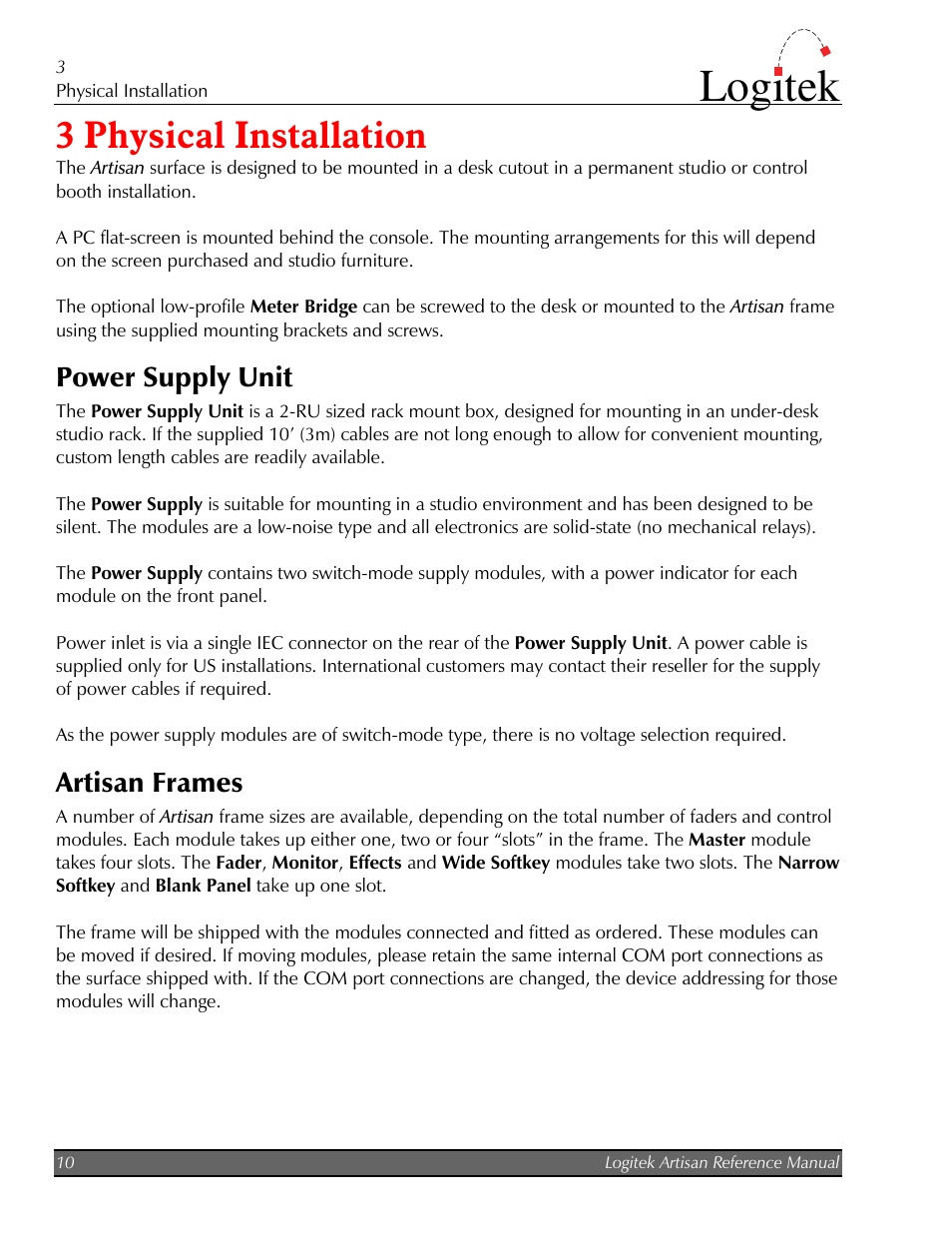Physical installation, Power supply unit, Artisan frames | 3 physical installation, Power supply unit artisan frames, Logitek | Logitek Electronic Systems Artisan User Manual | Page 12 / 64