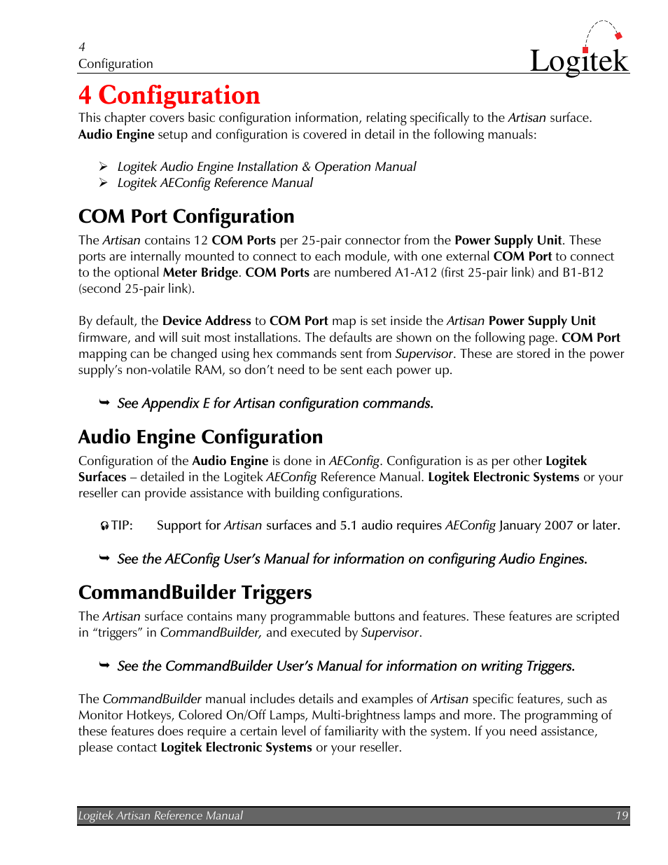 Configuration, Com port configuration, Audio engine configuration | Commandbuilder triggers, 4 configuration, Audio engine configuration commandbuilder triggers, Logitek | Logitek Electronic Systems Artisan User Manual | Page 21 / 64