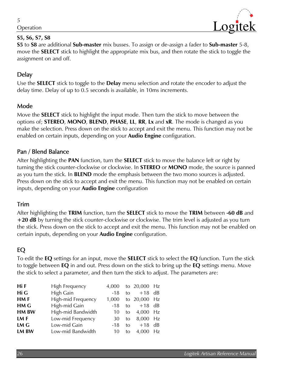 Delay, Mode, Pan / blend balance | Trim, Logitek | Logitek Electronic Systems Artisan User Manual | Page 28 / 64