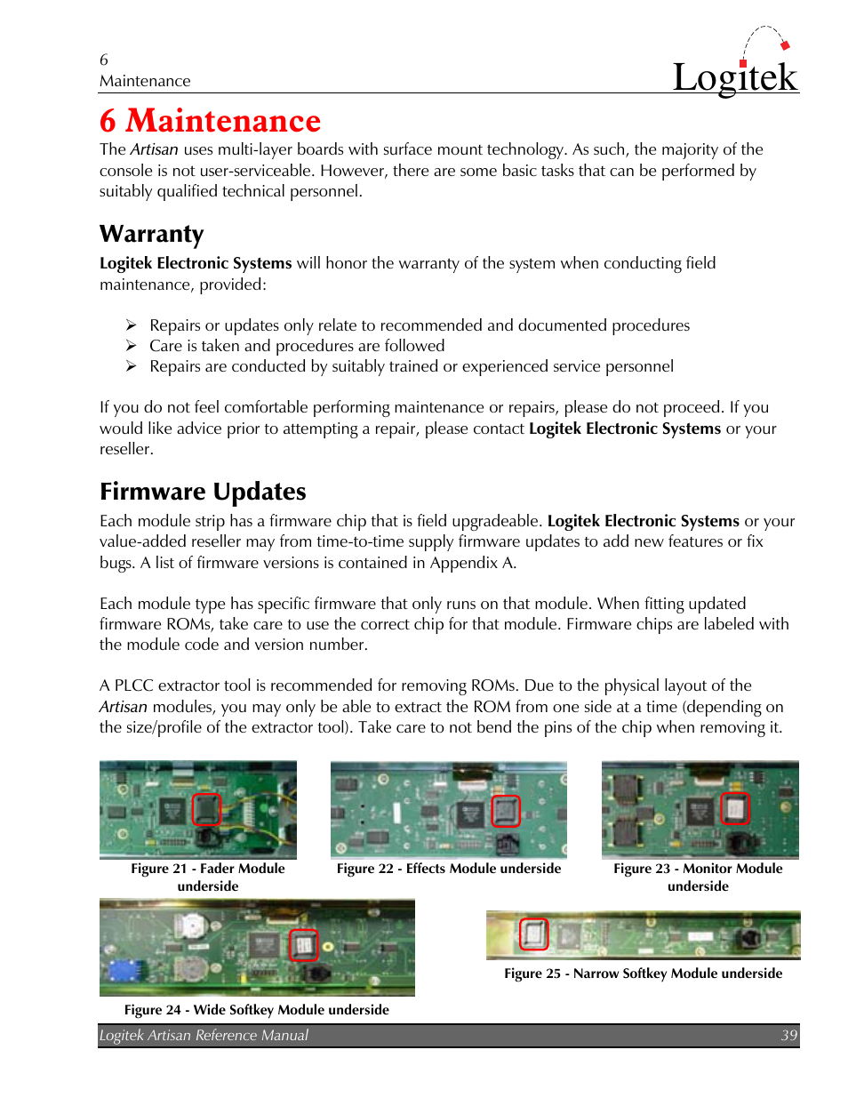 Maintenance, Warranty, Firmware updates | Tools required, 6 maintenance, Logitek | Logitek Electronic Systems Artisan User Manual | Page 41 / 64