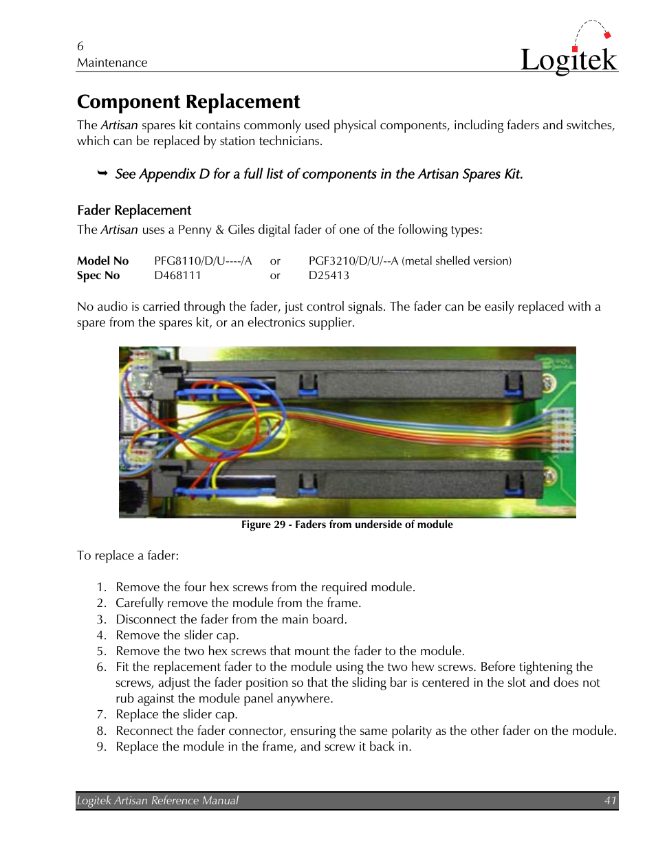 Component replacement, Fader replacement, Logitek | Logitek Electronic Systems Artisan User Manual | Page 43 / 64