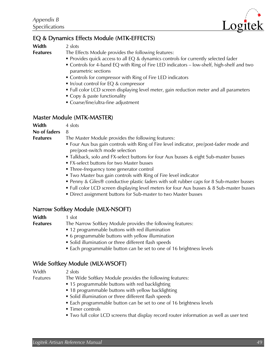 Eq & dynamics effects module (mtk-effects), Master module (mtk-master), Narrow softkey module (mlx-nsoft) | Wide softkey module (mlx-wsoft), Logitek | Logitek Electronic Systems Artisan User Manual | Page 51 / 64