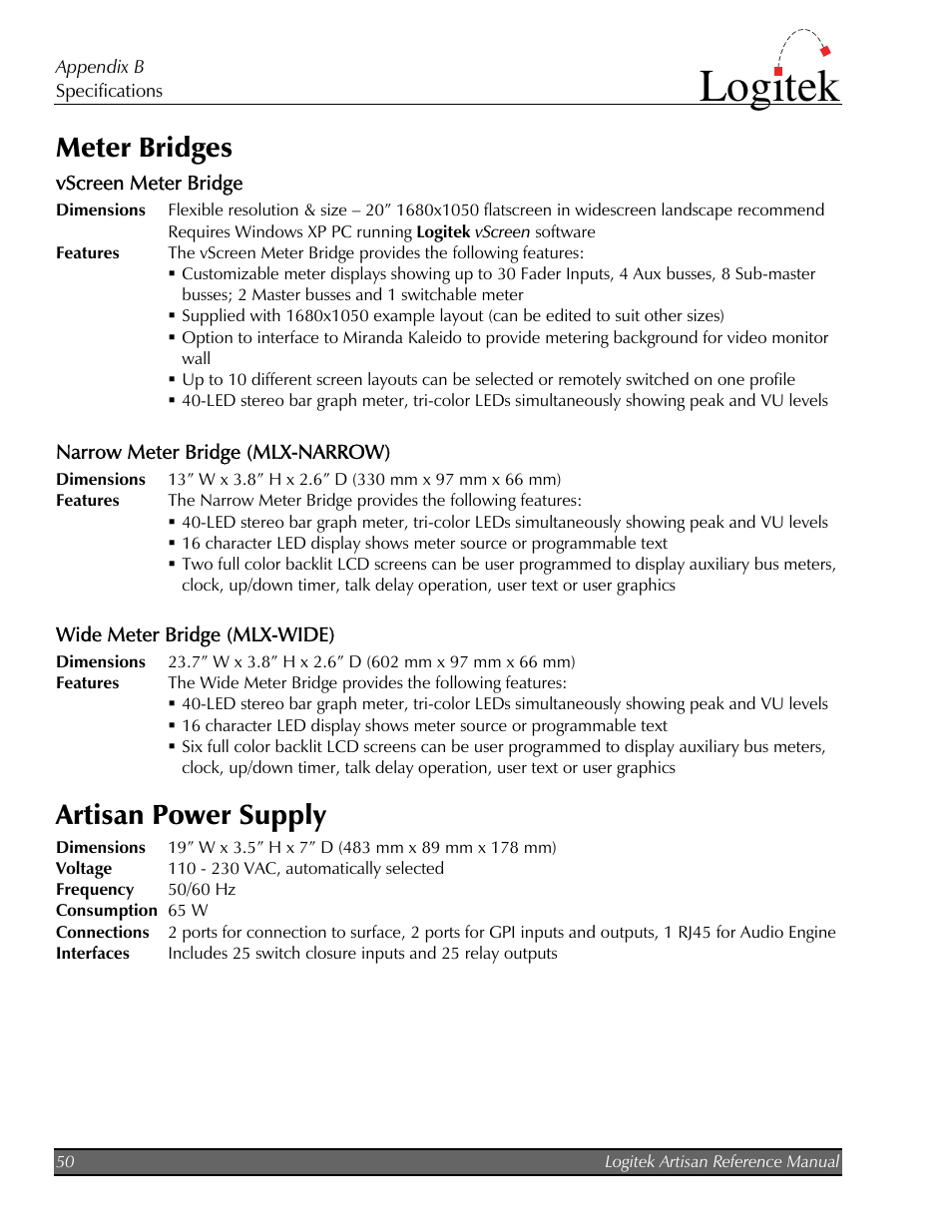 Meter bridges, Vscreen meter bridge, Narrow meter bridge (mlx-narrow) | Wide meter bridge (mlx-wide), Artisan power supply, Meter bridges artisan power supply, Logitek | Logitek Electronic Systems Artisan User Manual | Page 52 / 64