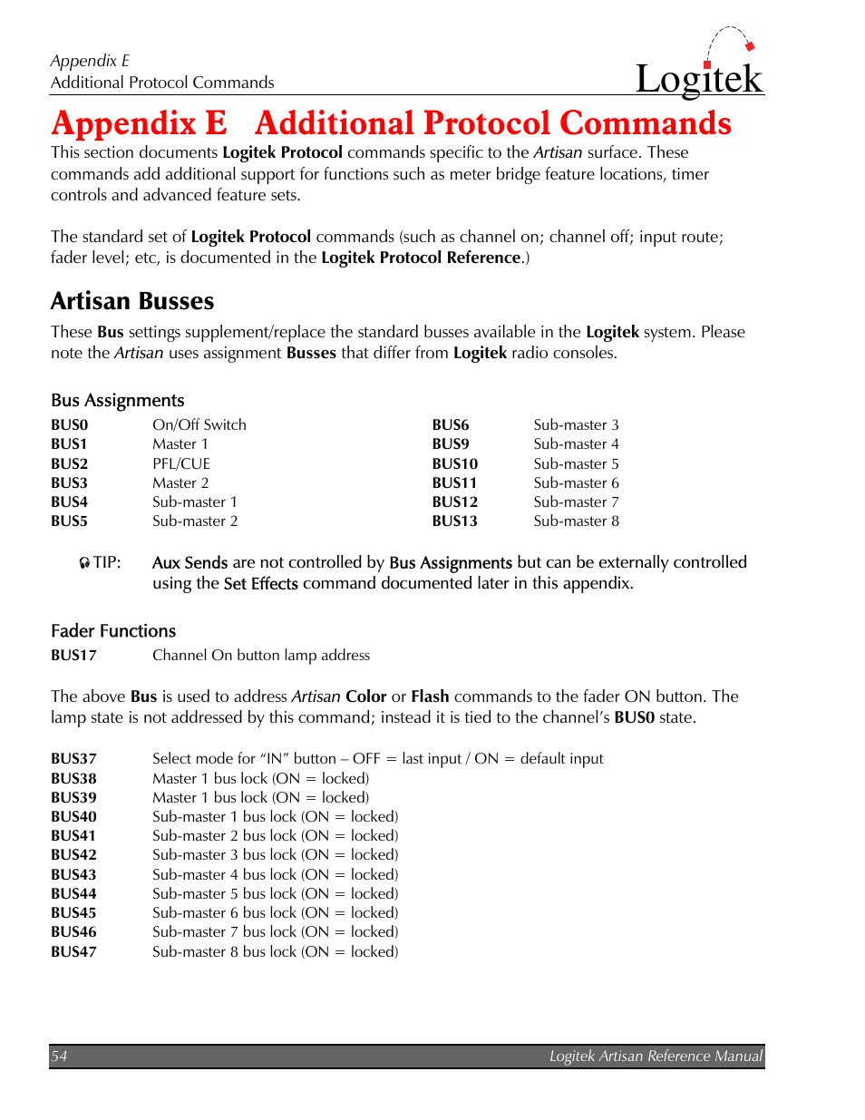 Additional protocol commands, Artisan busses, Bus assignments | Fader functions, Appendix e additional protocol commands, Logitek | Logitek Electronic Systems Artisan User Manual | Page 56 / 64