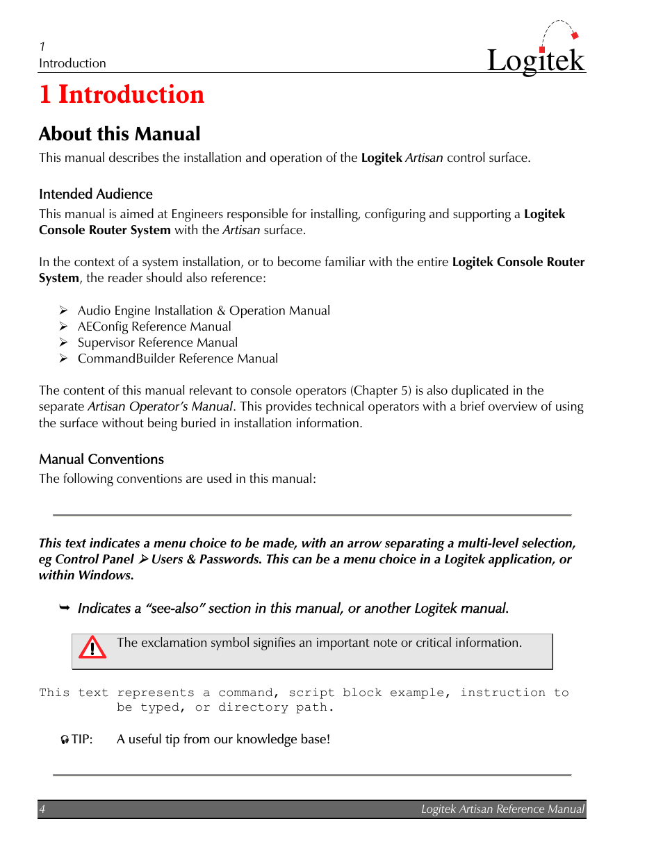 Introduction, About this manual, Intended audience | Manual conventions, 1 introduction, Logitek | Logitek Electronic Systems Artisan User Manual | Page 6 / 64