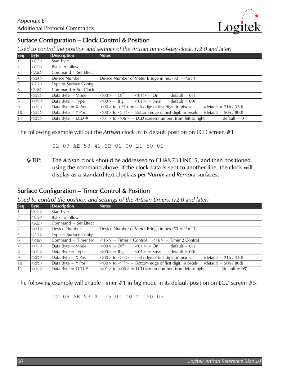 Surface configuration – clock control & position, Surface configuration – timer control & position, Logitek | Logitek Electronic Systems Artisan User Manual | Page 62 / 64
