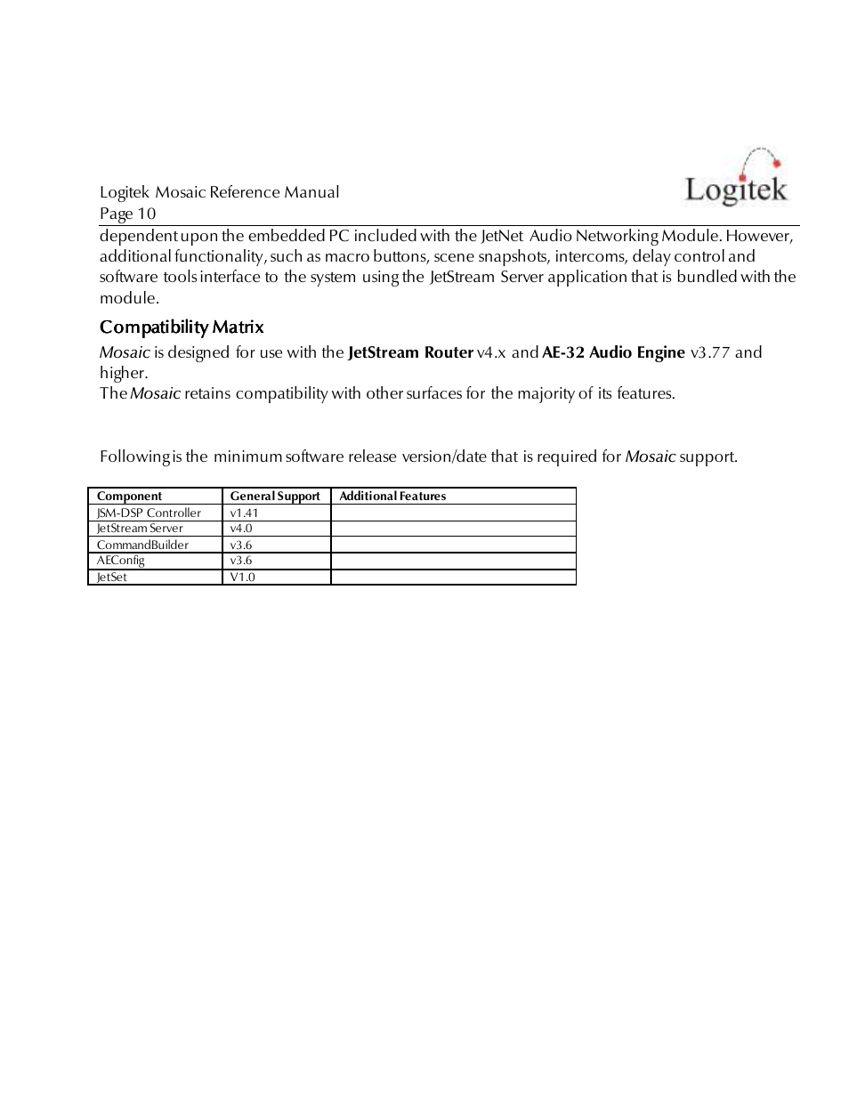 Compatibility matrix | Logitek Electronic Systems Mosaic User Manual | Page 10 / 44