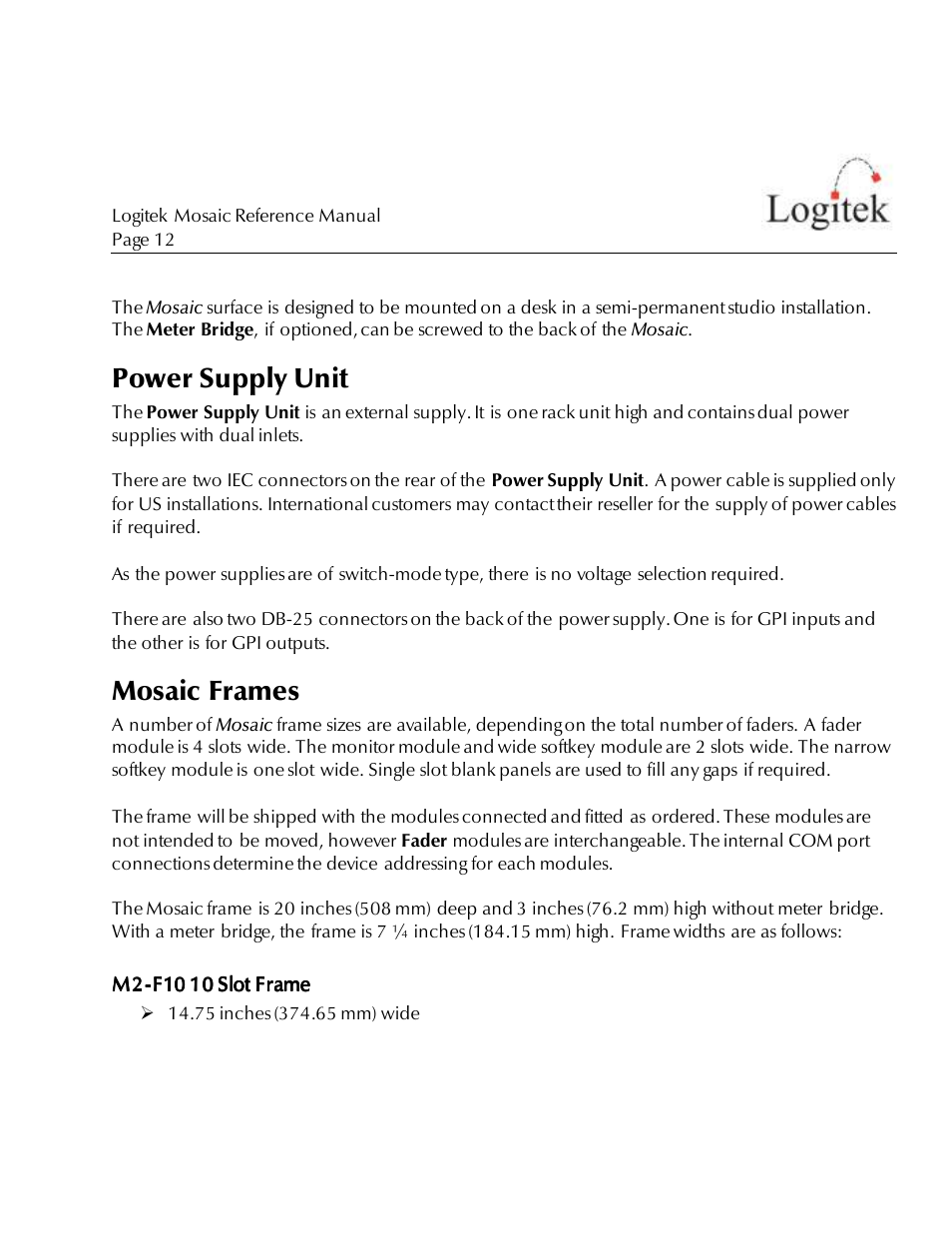 3physical installation, Power supply unit, Mosaic frames | Logitek Electronic Systems Mosaic User Manual | Page 12 / 44
