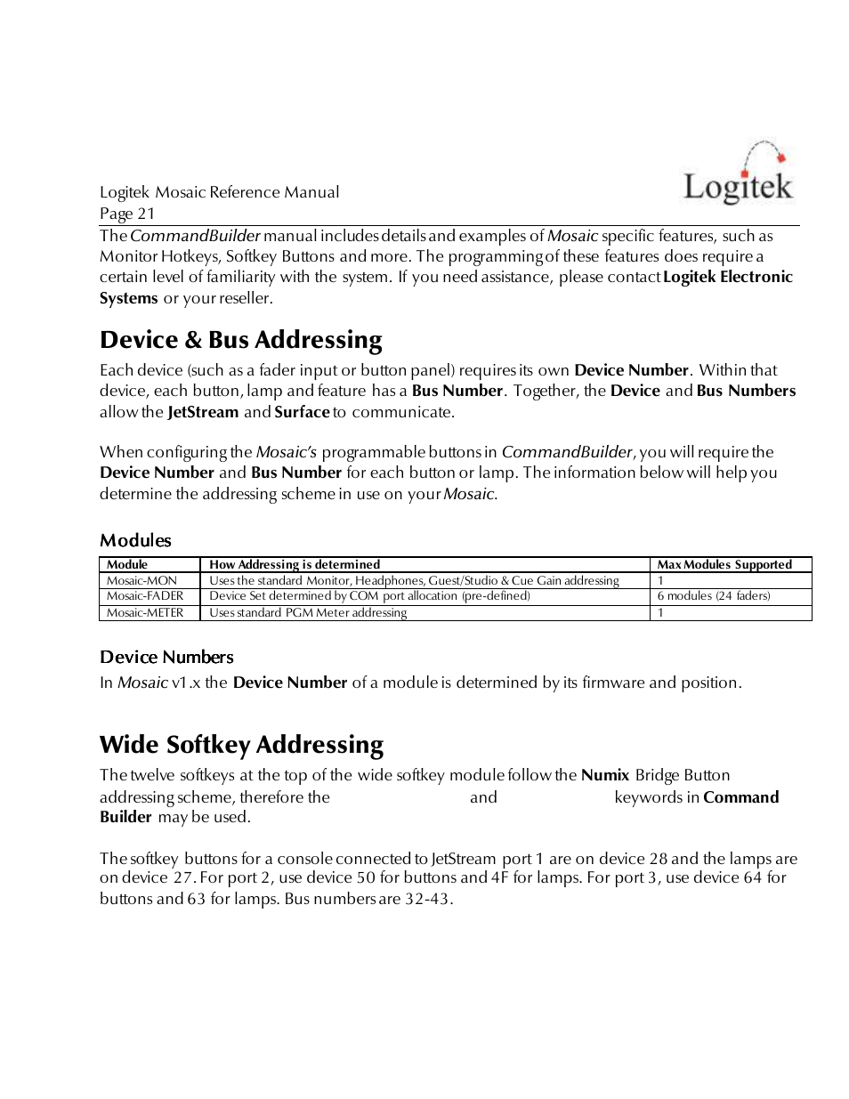 Device & bus addressing, Wide softkey addressing | Logitek Electronic Systems Mosaic User Manual | Page 21 / 44